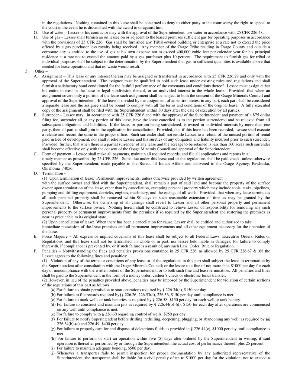 Osage Form C Oil  Gas Mining Lease Osage Reservation, Oklahoma, Page 2