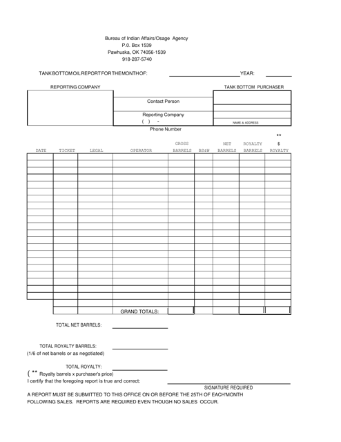"Osage Tank Bottom Oil Report Form" Download Pdf