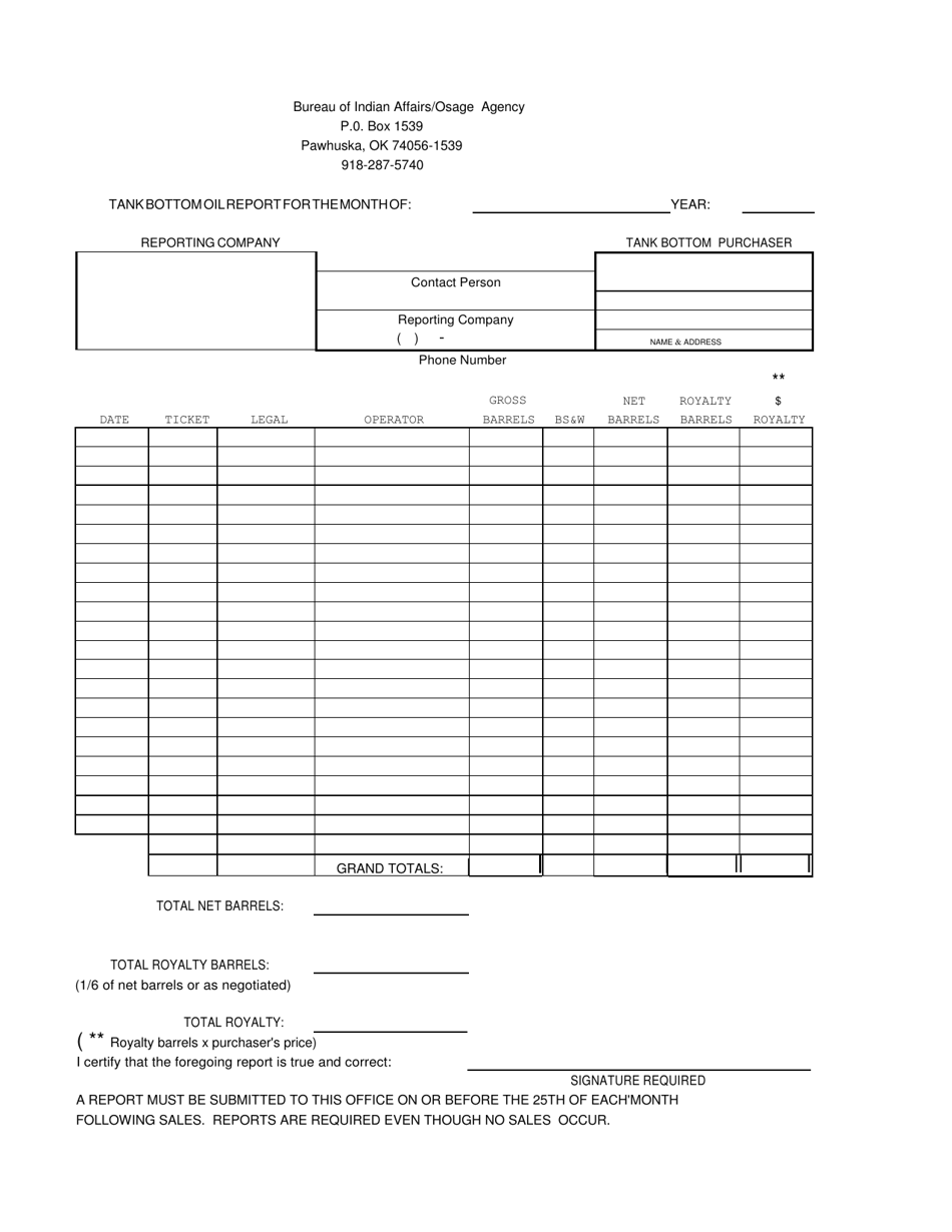 Osage Tank Bottom Oil Report Form, Page 1
