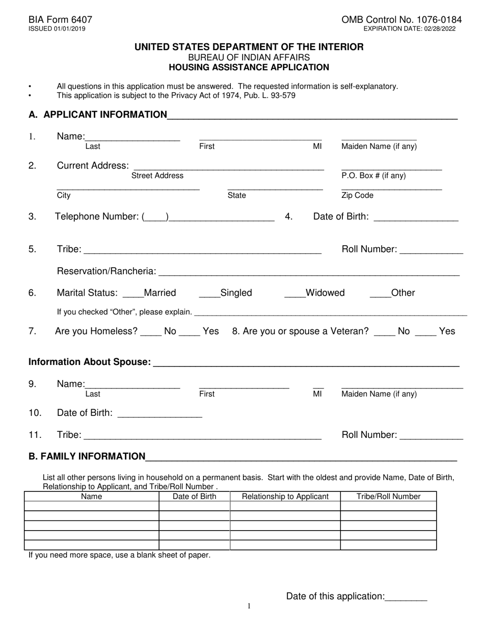 BIA Form 6407 Housing Assistance Application, Page 1