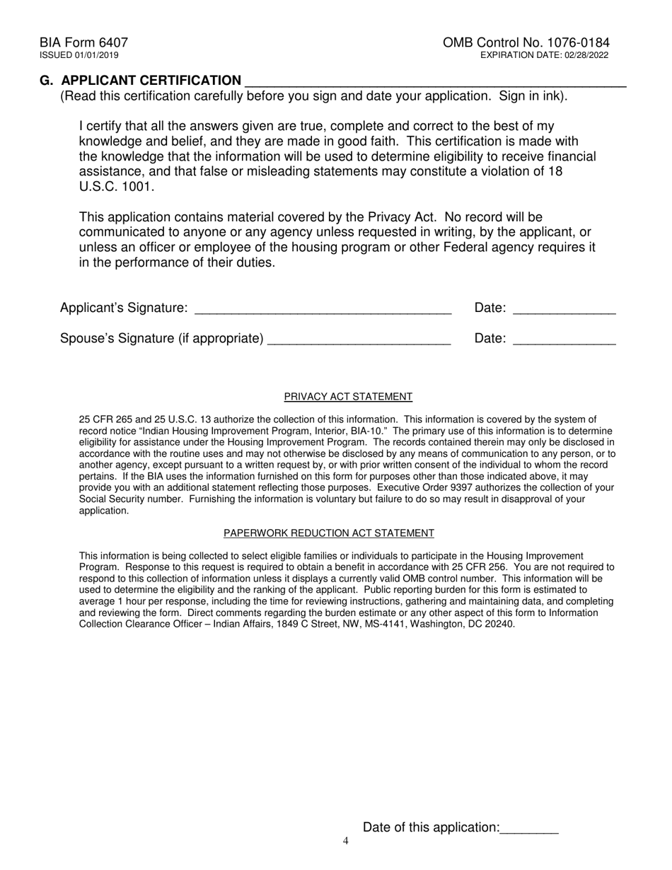 BIA Form 6407 Housing Assistance Application, Page 4