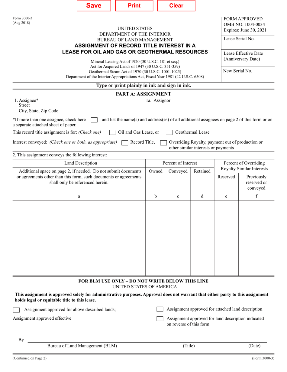 BLM Form 3000-3 Assignment of Record Title Interest in a Lease for Oil and Gas or Geothermal Resources, Page 1