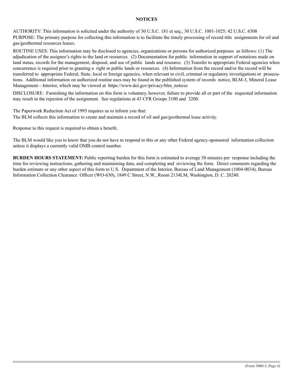 BLM Form 3000-3 Assignment of Record Title Interest in a Lease for Oil and Gas or Geothermal Resources, Page 4