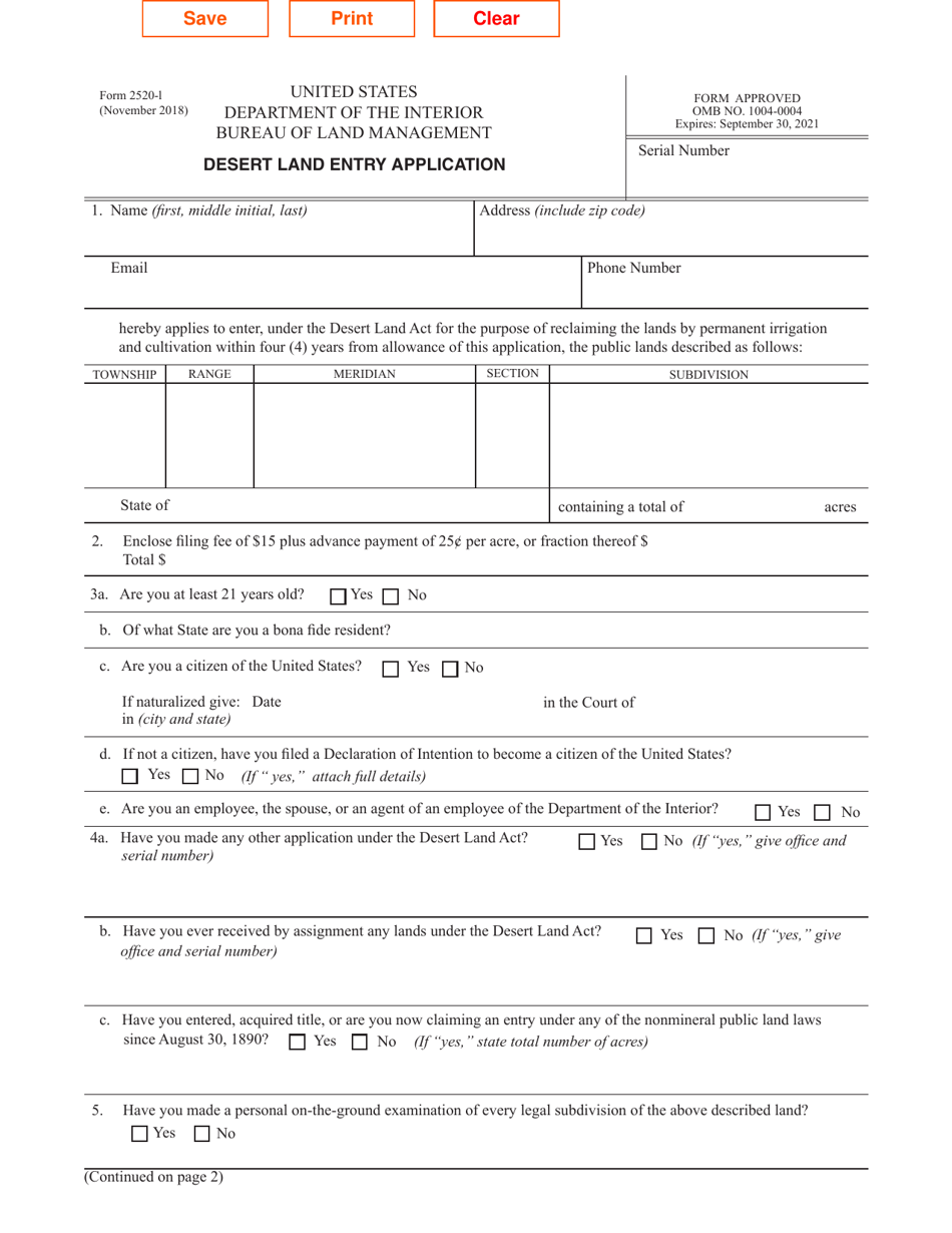 Blm Form 25201 Download Fillable Pdf Or Fill Online Desert Land Entry