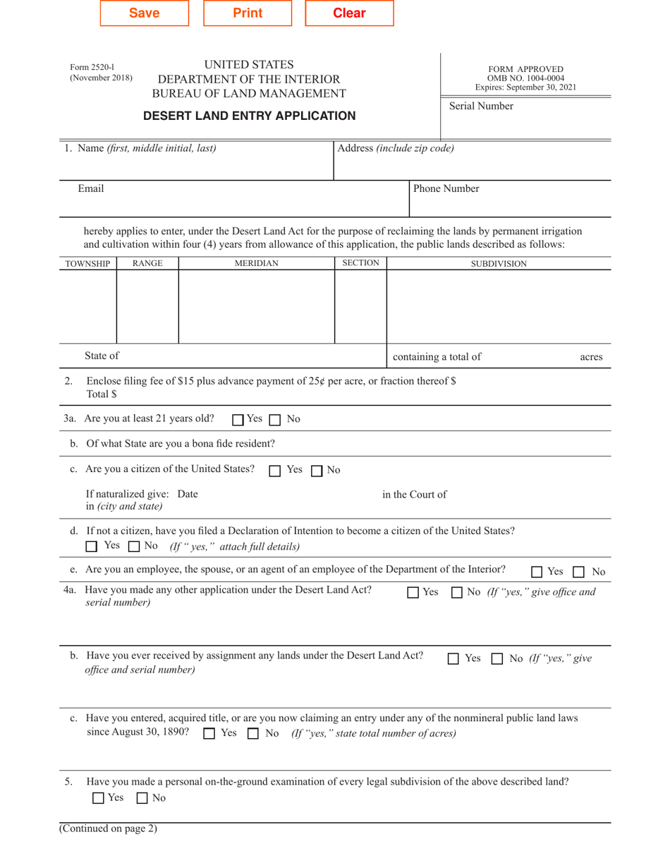 Form 2520-1 Desert Land Entry Application, Page 1