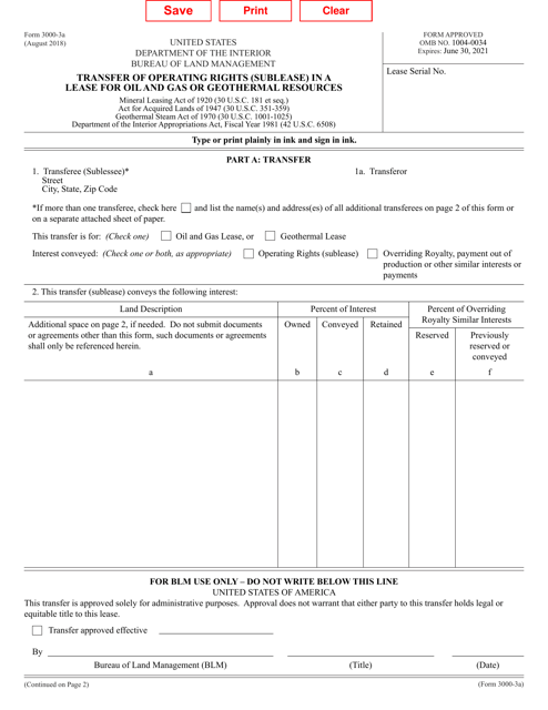 BLM Form 3000-3A Transfer of Operating Rights (Sublease) in a Lease for Oil and Gas or Geothermal Resources