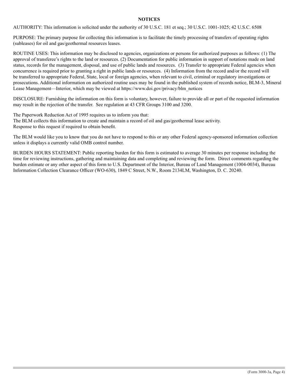 BLM Form 3000-3A Transfer of Operating Rights (Sublease) in a Lease for Oil and Gas or Geothermal Resources, Page 4