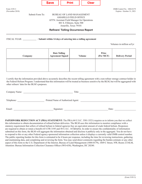BLM Form 3195-3 Refiners' Tolling Occurrence Report