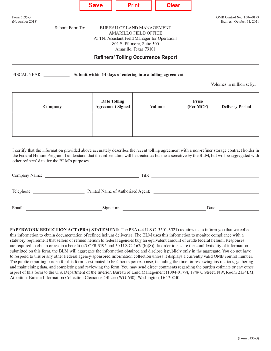 BLM Form 3195-3 Refiners Tolling Occurrence Report, Page 1
