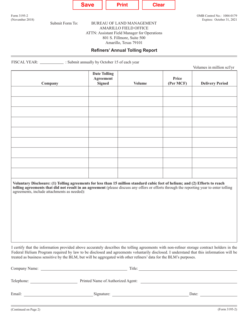 BLM Form 3195-2 Refiners Annual Tolling Report, Page 1