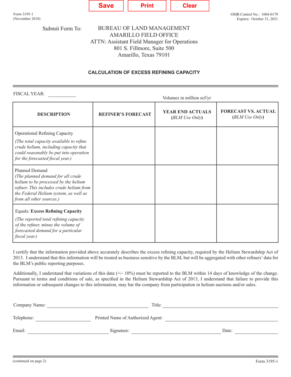 BLM Form 3195-1 Calculation of Excess Refining Capacity, Page 1