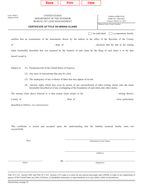 BLM Form 3860-2 Certificate of Title on Mining Claims