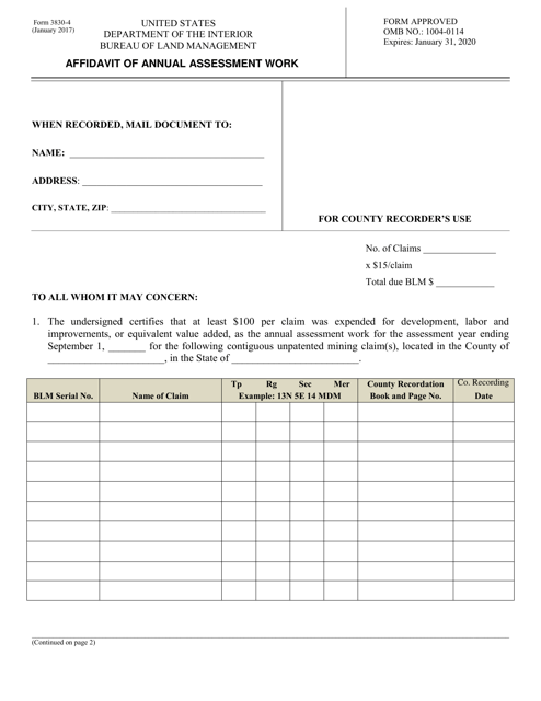 BLM Form 3830-4 Affidavit of Annual Assessment Work