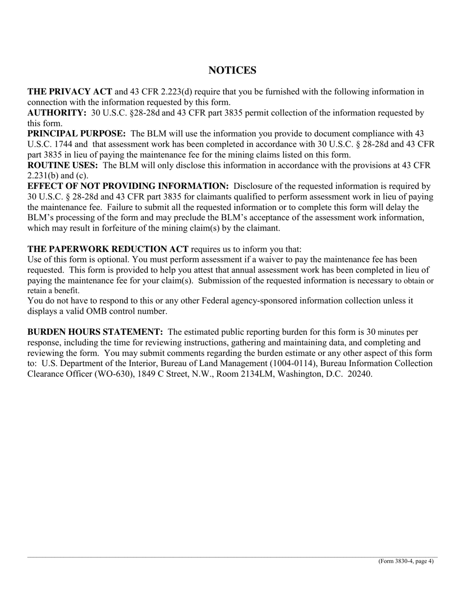 BLM Form 3830-4 Affidavit of Annual Assessment Work, Page 4