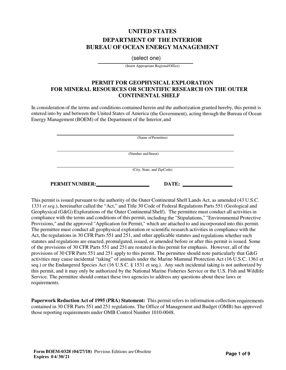 Form BOEM-0328 Permit for Geophysical Exploration for Mineral Resources or Scientific Research on the Outer Continental Shelf, Page 1