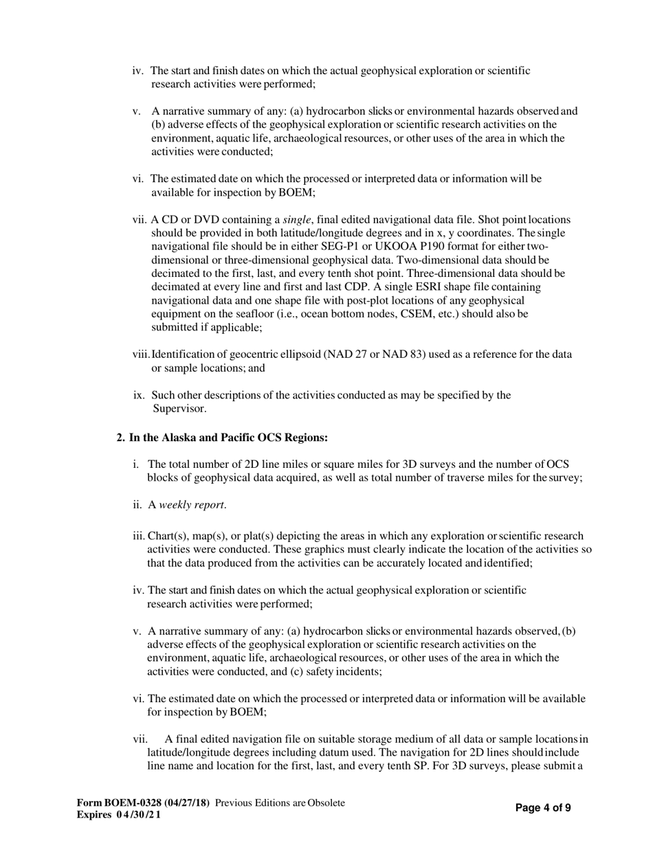 Form BOEM-0328 Permit for Geophysical Exploration for Mineral Resources or Scientific Research on the Outer Continental Shelf, Page 4