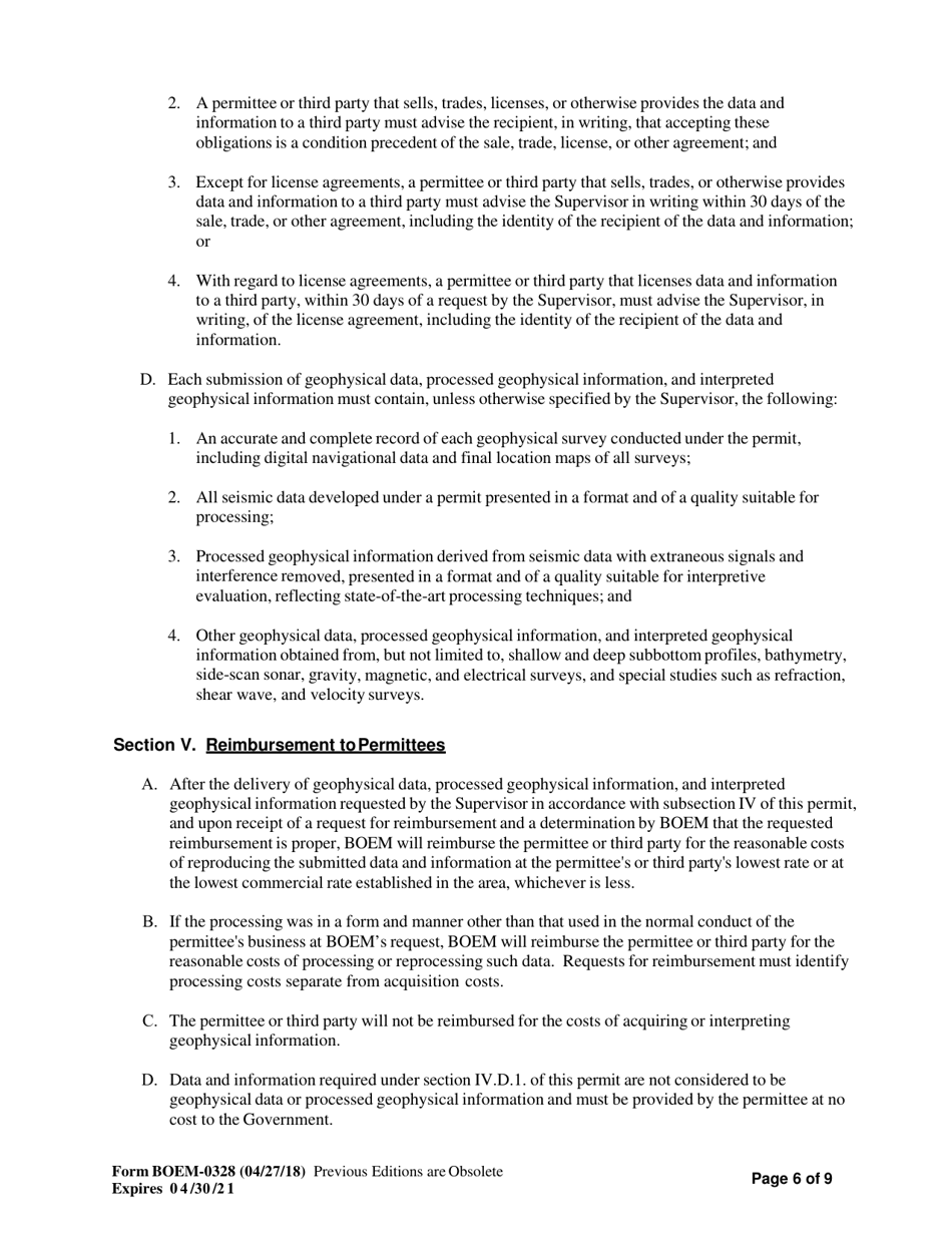 Form BOEM-0328 Permit for Geophysical Exploration for Mineral Resources or Scientific Research on the Outer Continental Shelf, Page 6