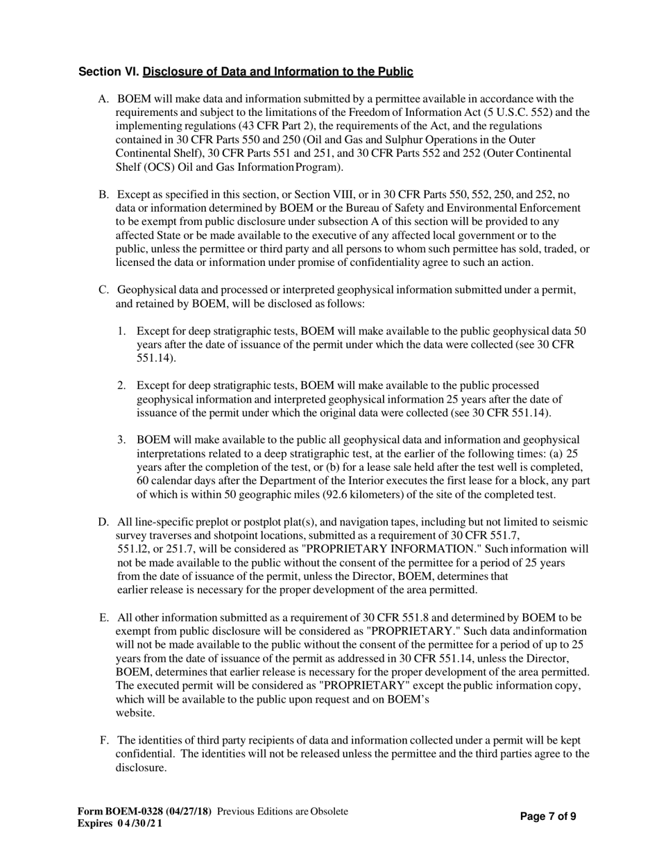 Form BOEM-0328 Permit for Geophysical Exploration for Mineral Resources or Scientific Research on the Outer Continental Shelf, Page 7
