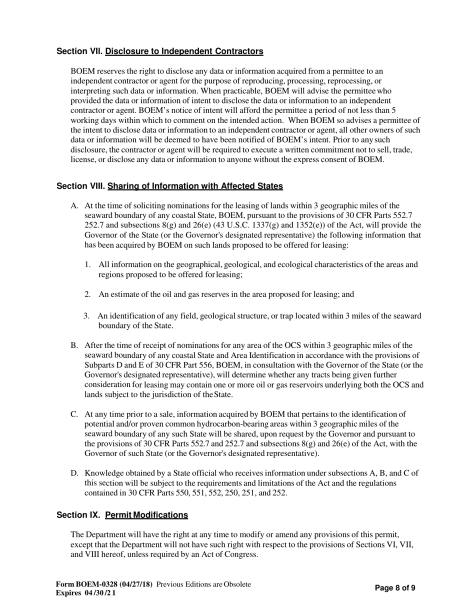 Form BOEM-0328 Permit for Geophysical Exploration for Mineral Resources or Scientific Research on the Outer Continental Shelf, Page 8