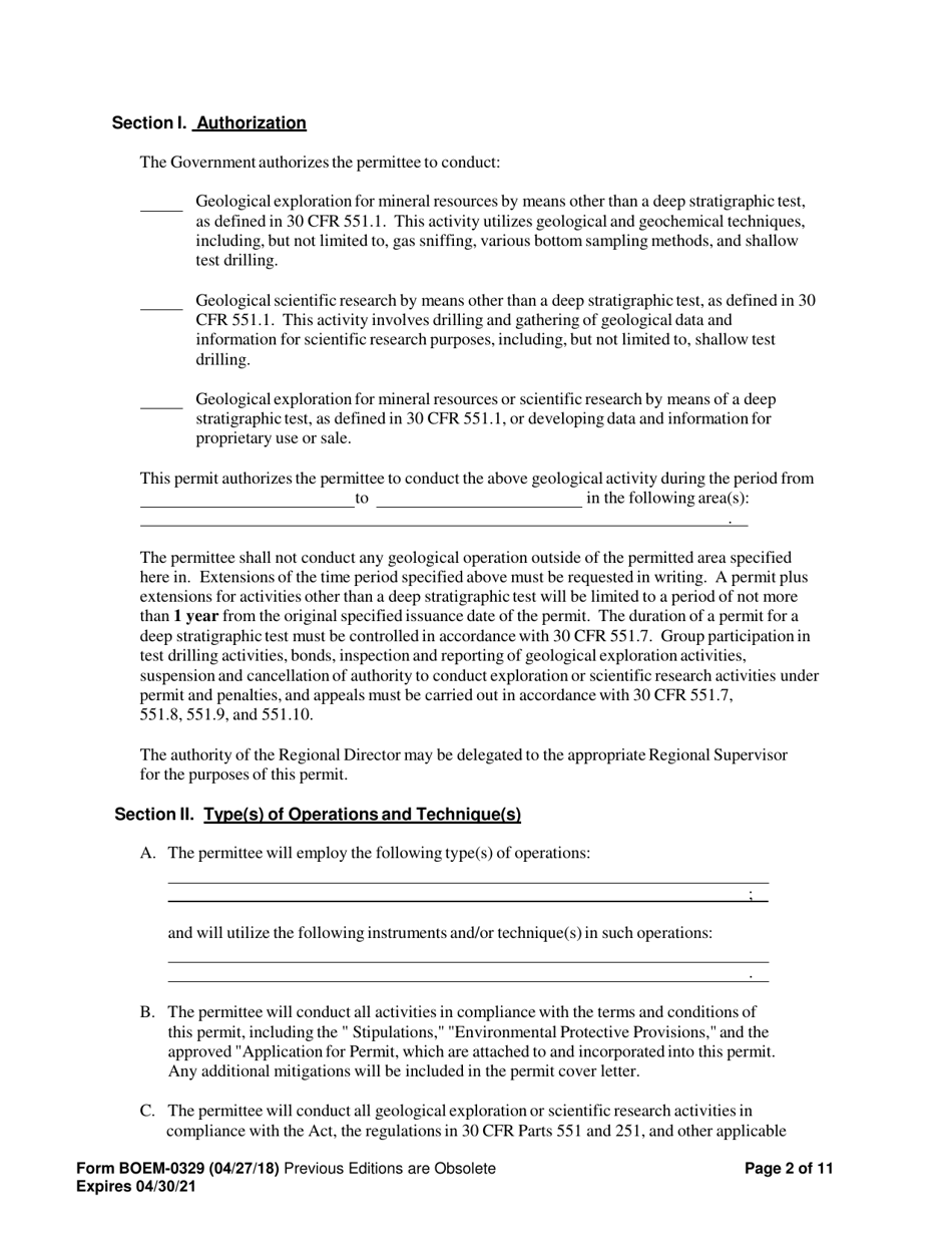 Form BOEM-0329 Permit for Geological Exploration for Mineral Resources or Scientific Research on the Outer Continental Shelf, Page 2