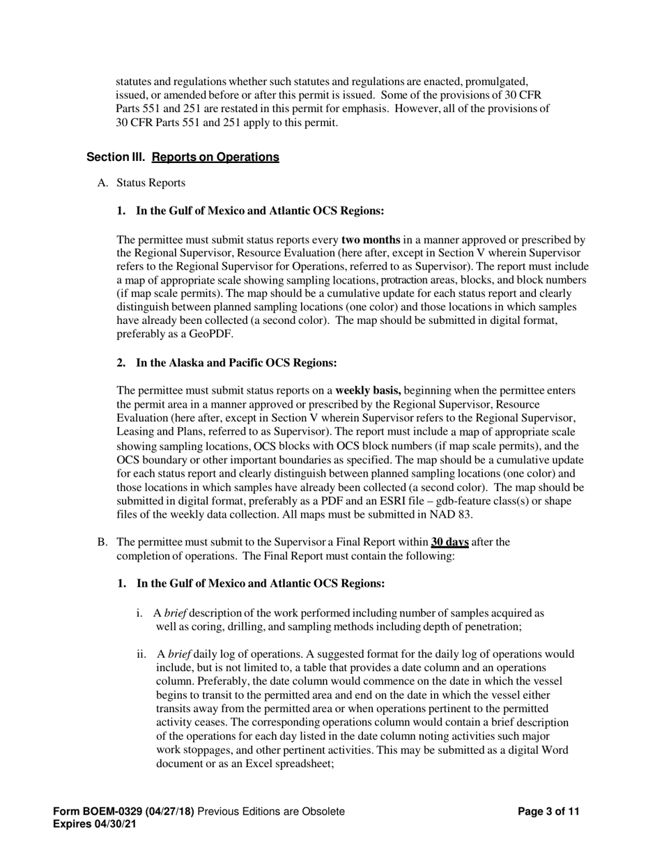 Form BOEM-0329 Permit for Geological Exploration for Mineral Resources or Scientific Research on the Outer Continental Shelf, Page 3