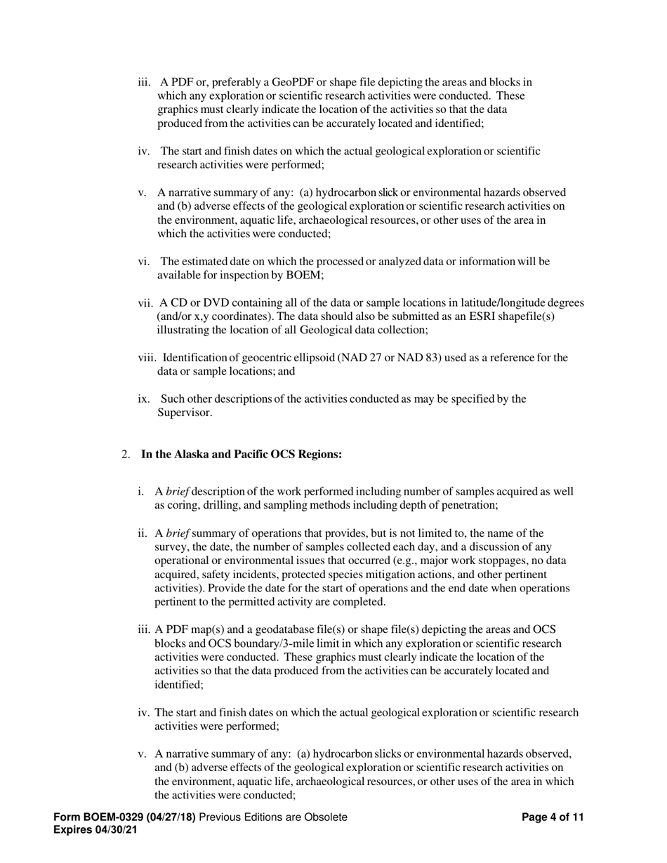 Form BOEM-0329 Permit for Geological Exploration for Mineral Resources or Scientific Research on the Outer Continental Shelf, Page 4