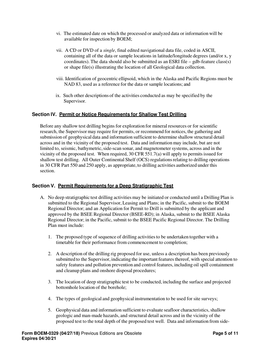 Form BOEM-0329 Permit for Geological Exploration for Mineral Resources or Scientific Research on the Outer Continental Shelf, Page 5