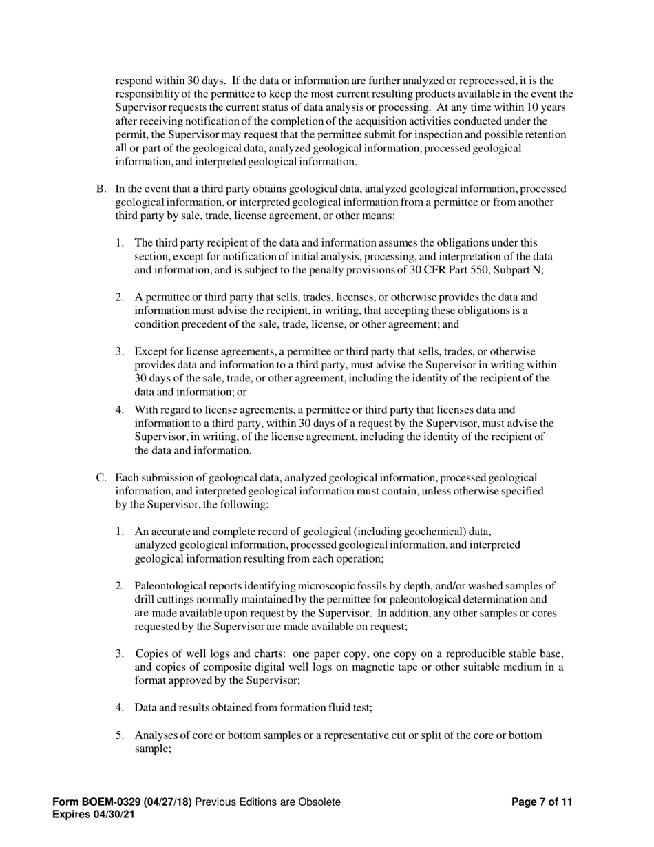 Form BOEM-0329 Permit for Geological Exploration for Mineral Resources or Scientific Research on the Outer Continental Shelf, Page 7