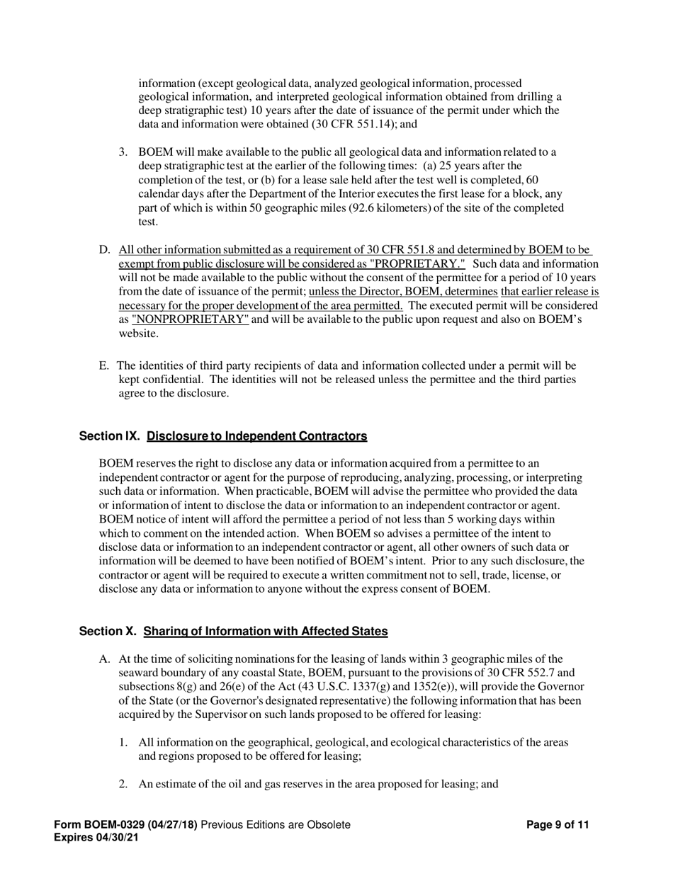 Form BOEM-0329 Permit for Geological Exploration for Mineral Resources or Scientific Research on the Outer Continental Shelf, Page 9