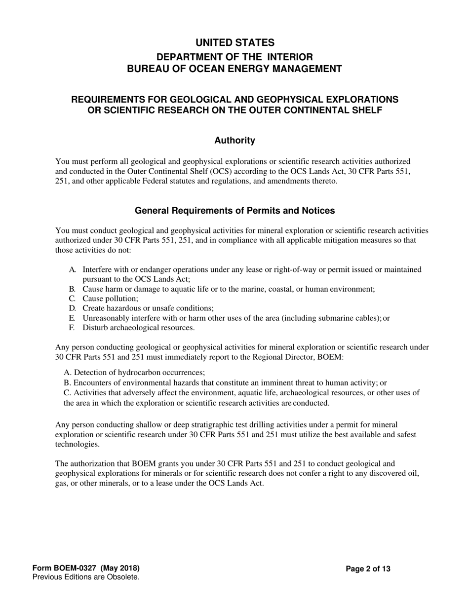 Form BOEM-0327 Requirements for Geological and Geophysical Explorations or Scientific Research on the Outer Continental Shelf, Page 2