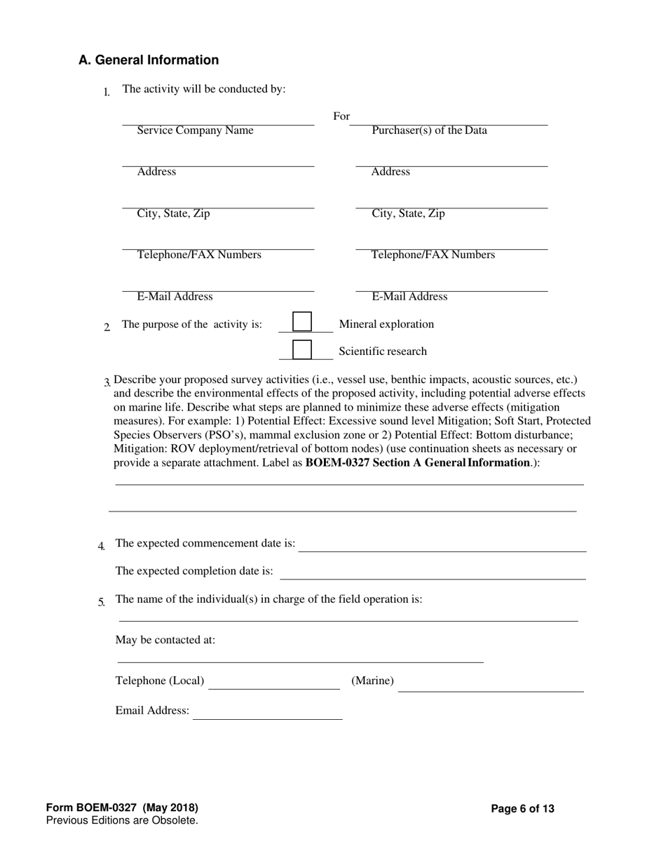 Form BOEM-0327 Requirements for Geological and Geophysical Explorations or Scientific Research on the Outer Continental Shelf, Page 6