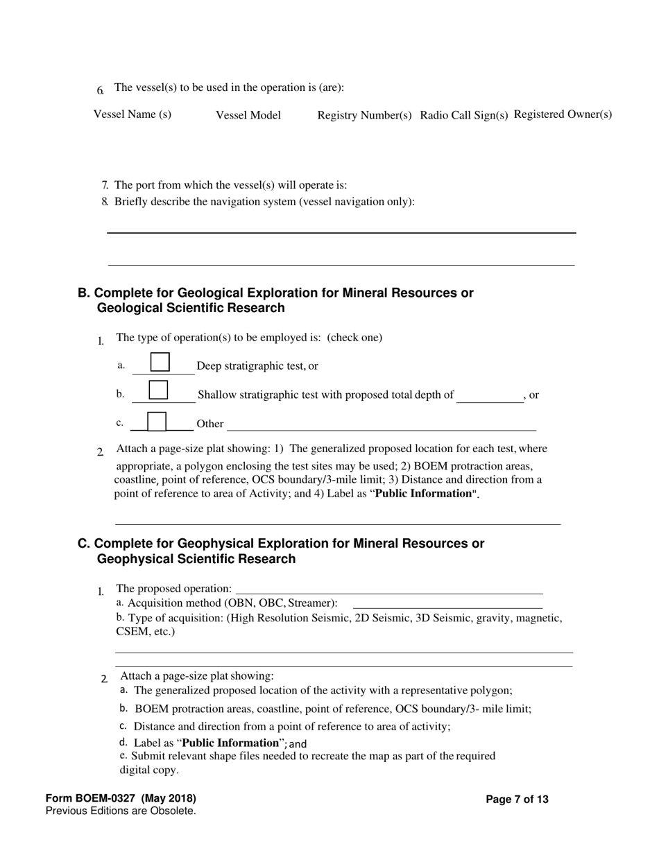 Form BOEM-0327 Requirements for Geological and Geophysical Explorations or Scientific Research on the Outer Continental Shelf, Page 7