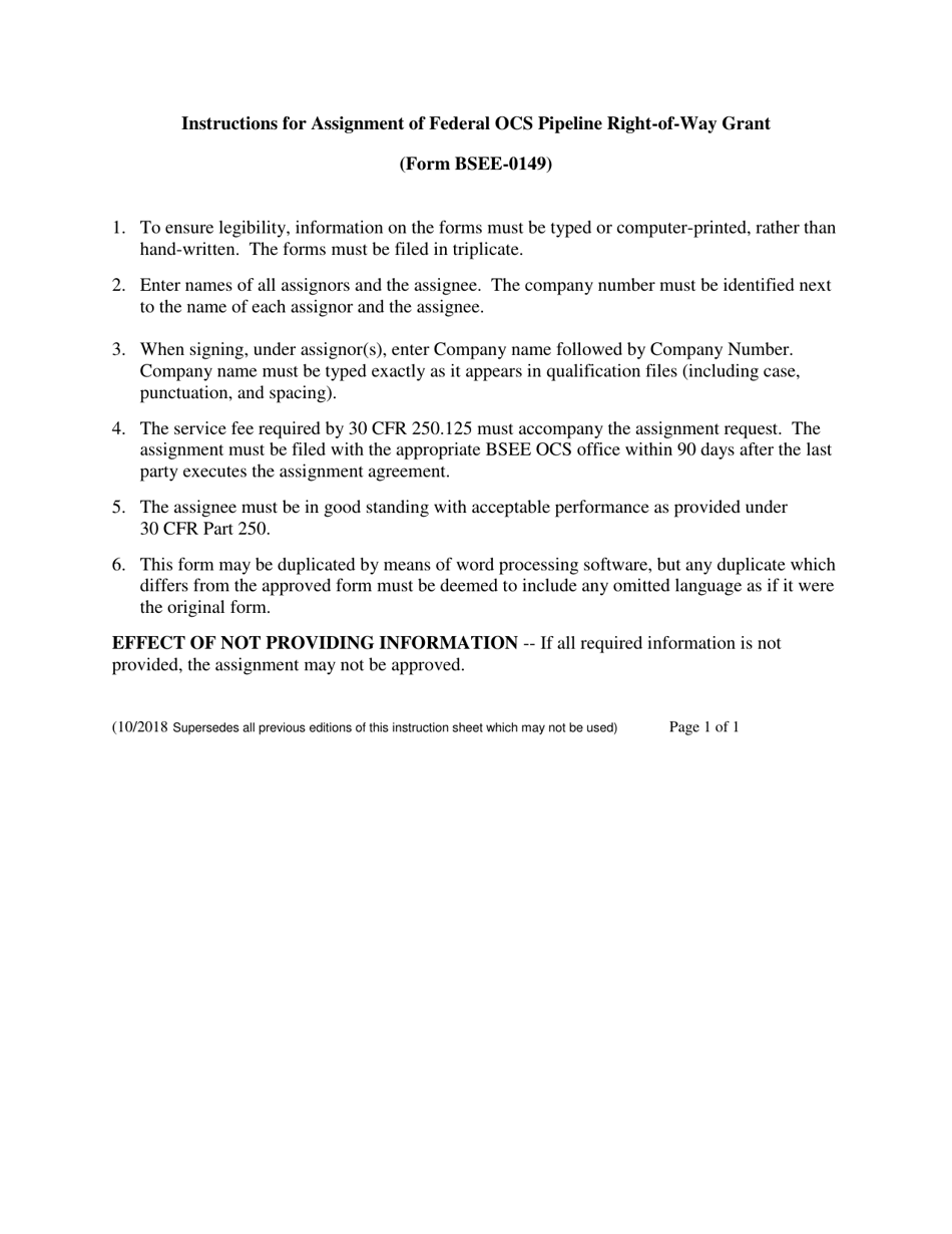 Instructions for Form BSEE-0149 Assignment of Federal Ocs Pipeline Right-Of-Way Grant, Page 1