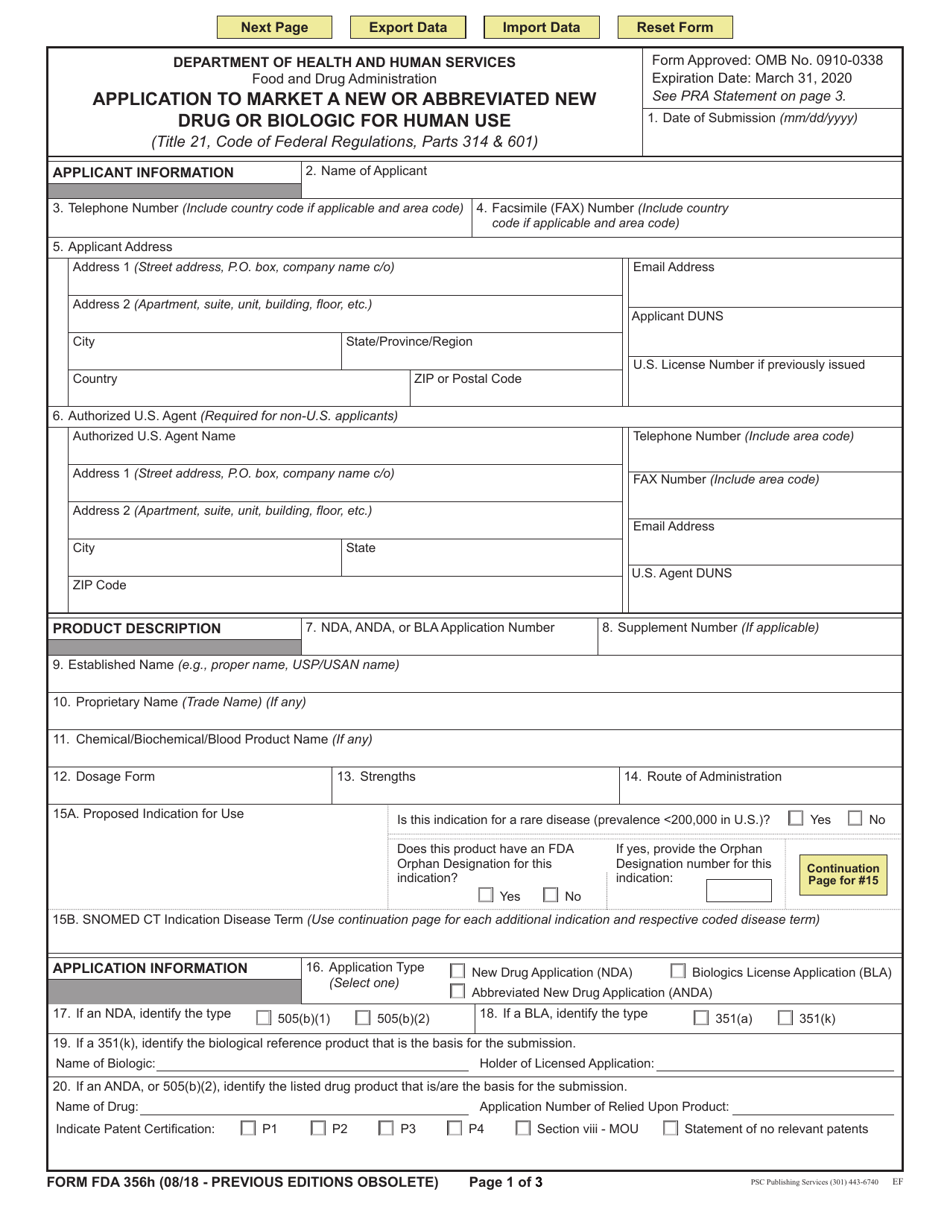 Form FDA356H Application to Market a New or Abbreviated New Drug or Biologic for Human Use, Page 1