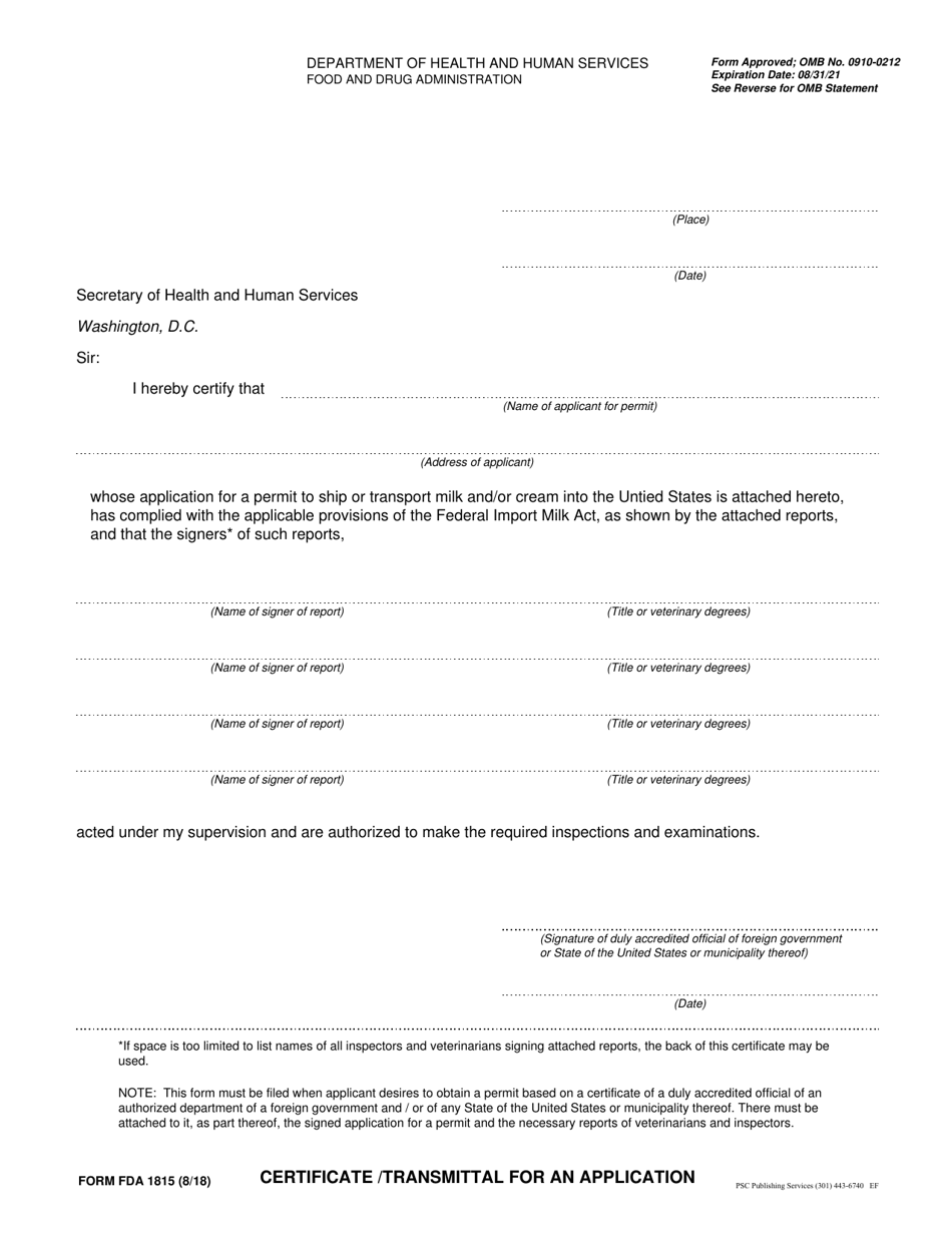 Form FDA1815 Certificate / Transmittal for an Application, Page 1