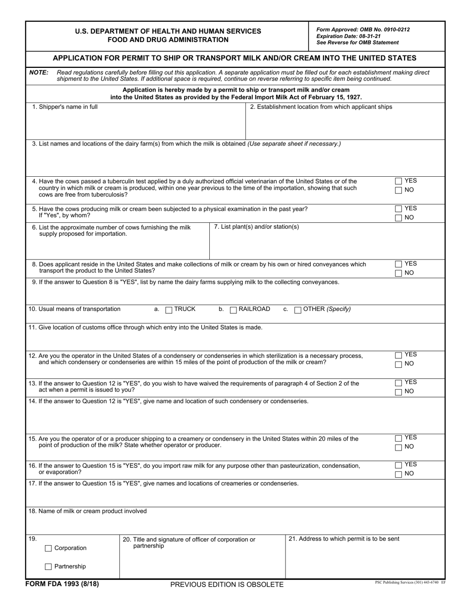 Form FDA1993 Application for Permit to Ship or Transport Milk and / or Cream Into the United States, Page 1