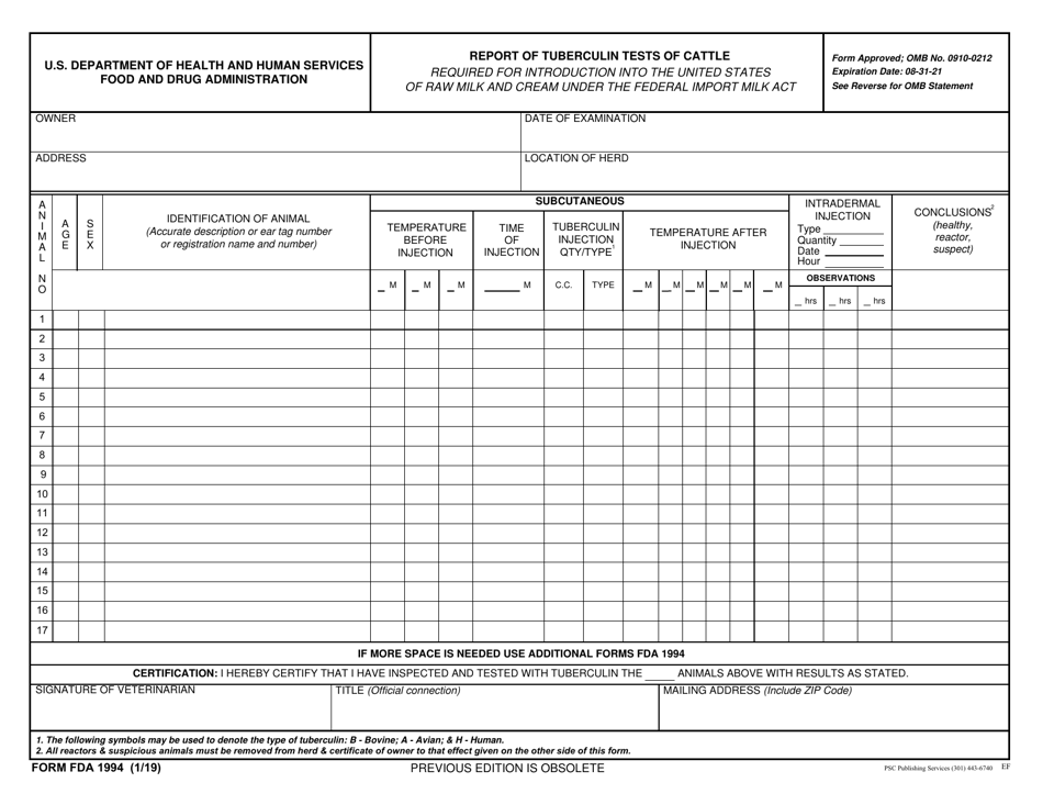 Form FDA1994 Report of Tuberculin Tests of Cattle, Page 1