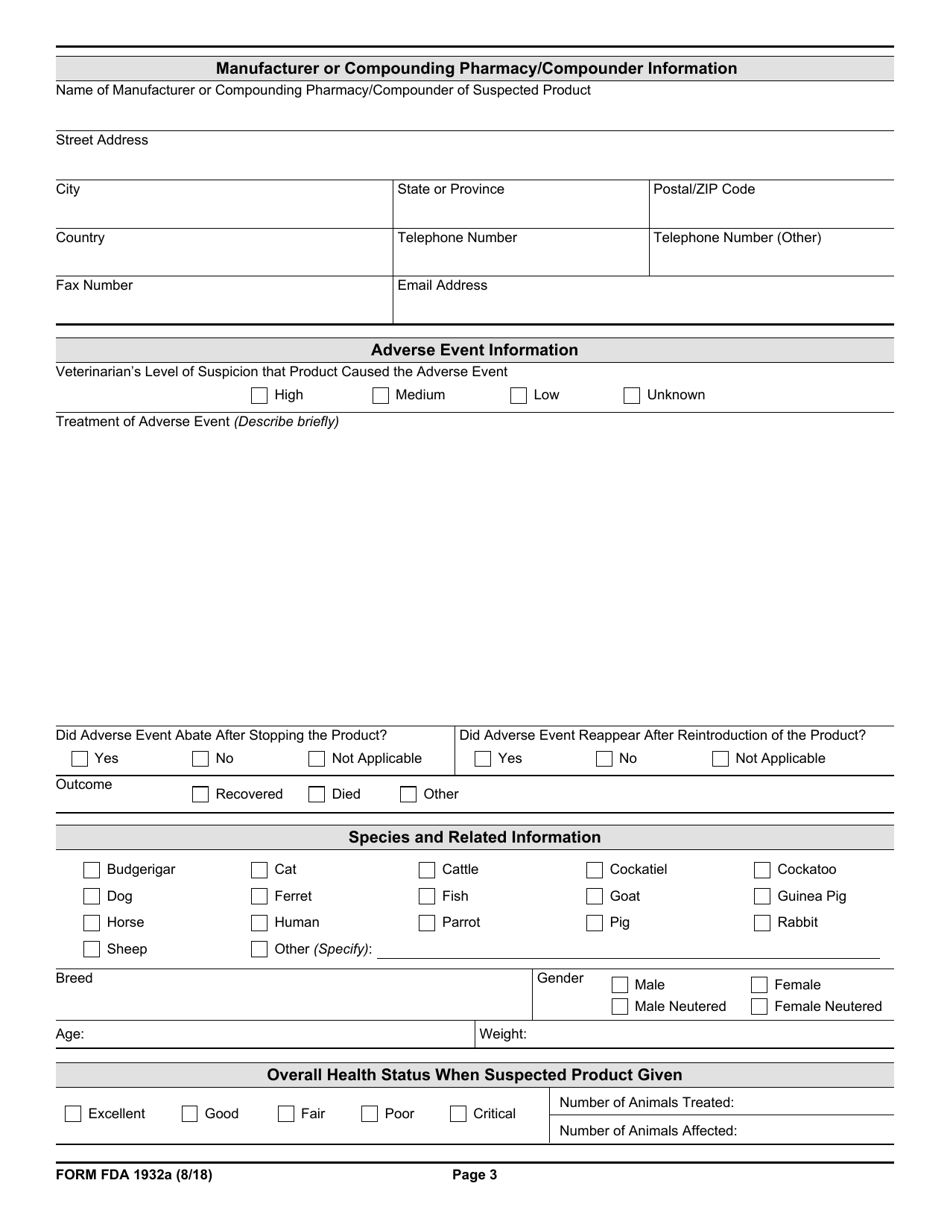 Form FDA1932A Veterinary Adverse Drug Reaction, Lack of Effectiveness, or Product Defect Report, Page 3