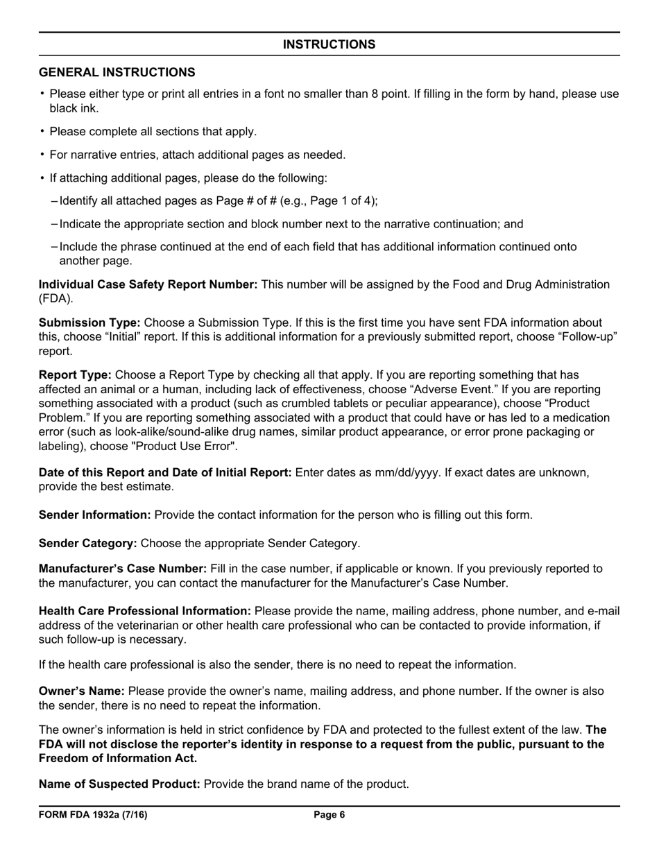 Form FDA1932A Veterinary Adverse Drug Reaction, Lack of Effectiveness, or Product Defect Report, Page 6
