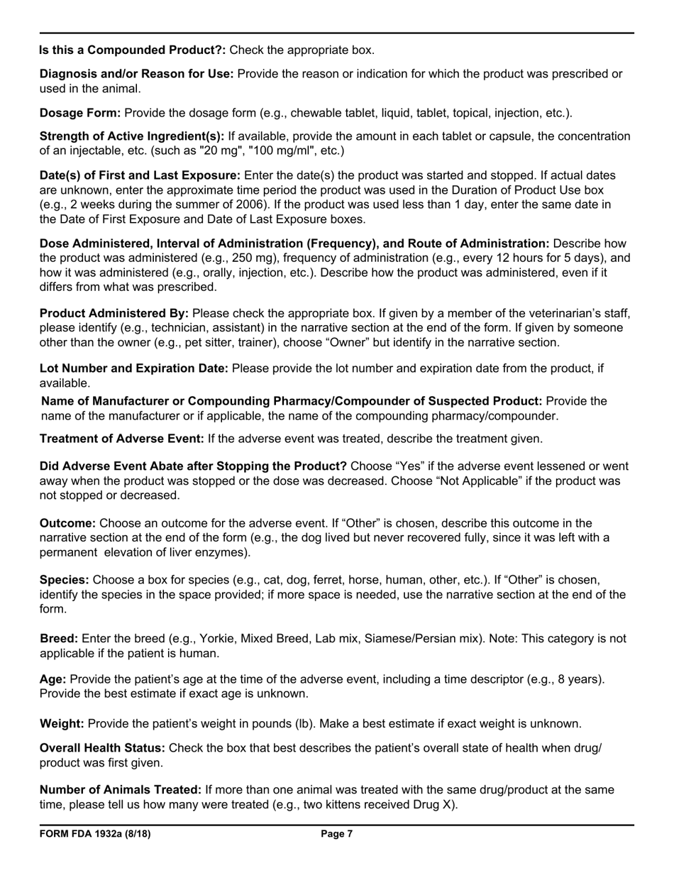 Form FDA1932A Veterinary Adverse Drug Reaction, Lack of Effectiveness, or Product Defect Report, Page 7