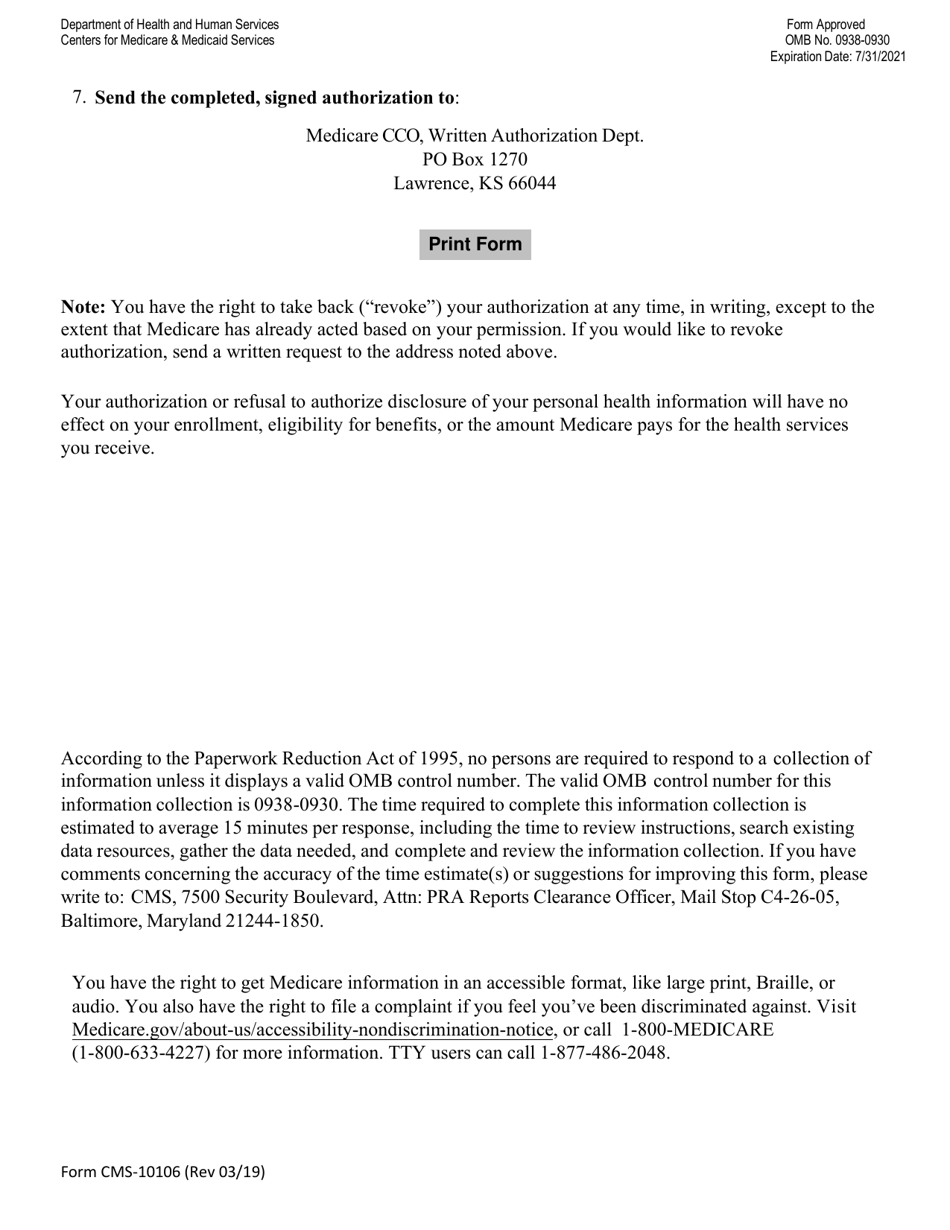 Form CMS-10106 1-800-medicare Authorization to Disclosure Personal Health Information, Page 8
