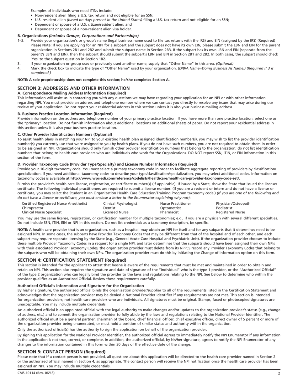 Form CMS-10114 National Provider Identifier (Npi) Application / Update Form, Page 2