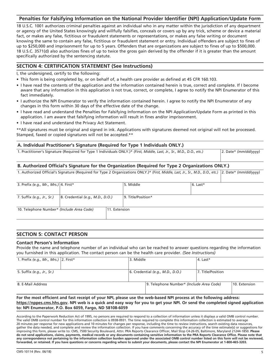 Form CMS-10114 National Provider Identifier (Npi) Application / Update Form, Page 5