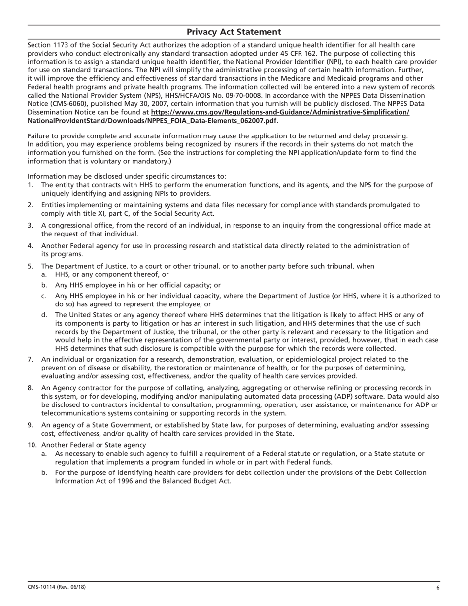 Form CMS-10114 National Provider Identifier (Npi) Application / Update Form, Page 6
