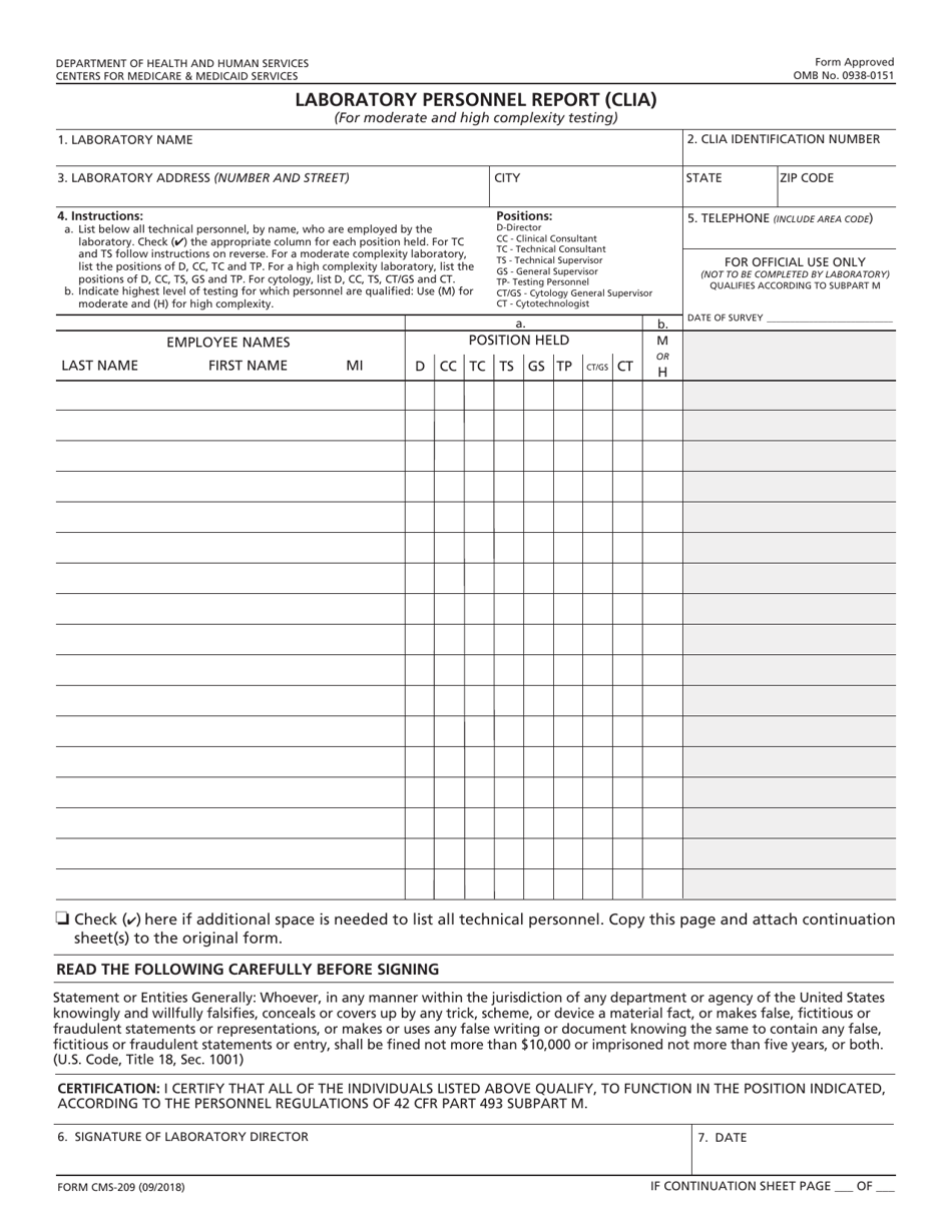 Form CMS-209 Laboratory Personnel Report (Clia), Page 1
