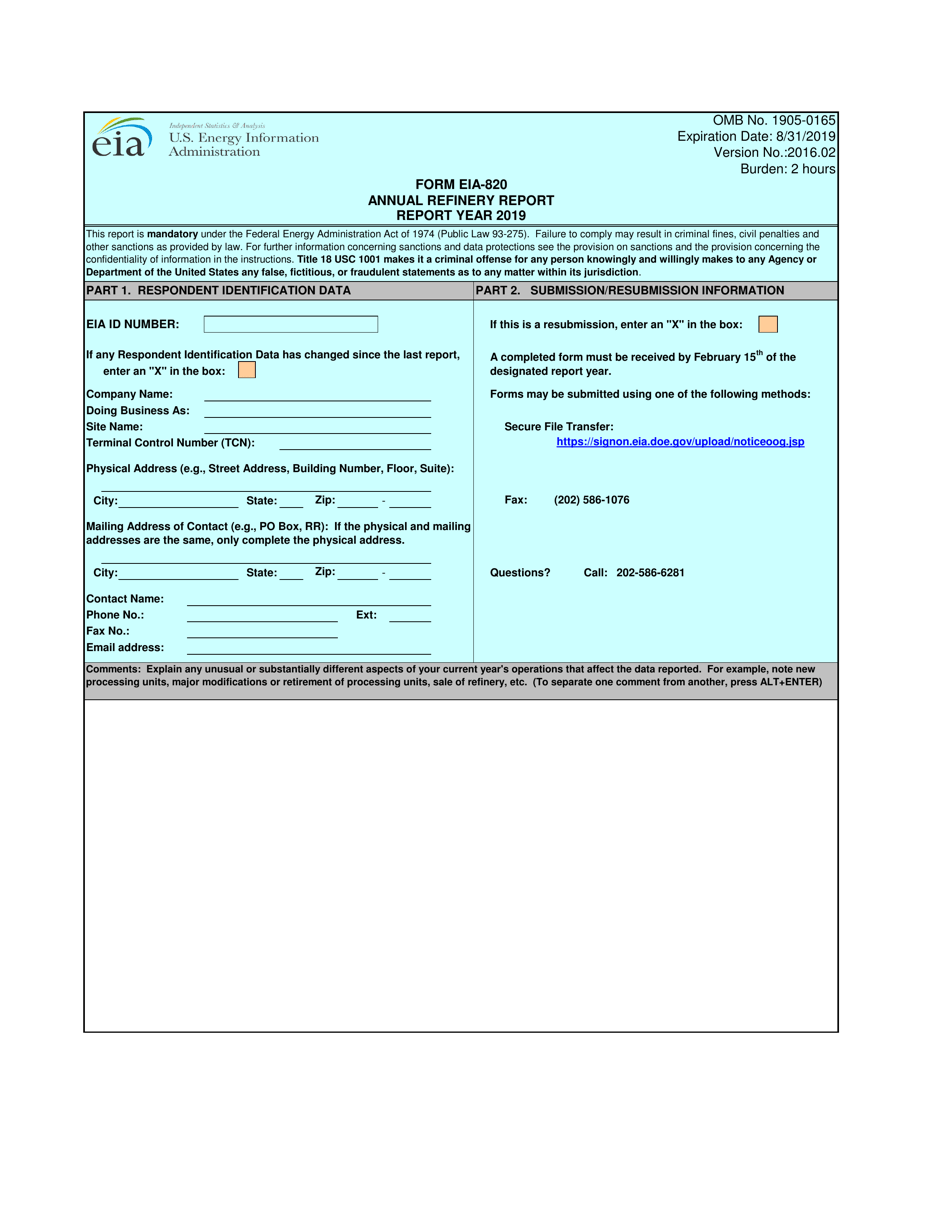 Form EIA-820 Annual Refinery Report, Page 1