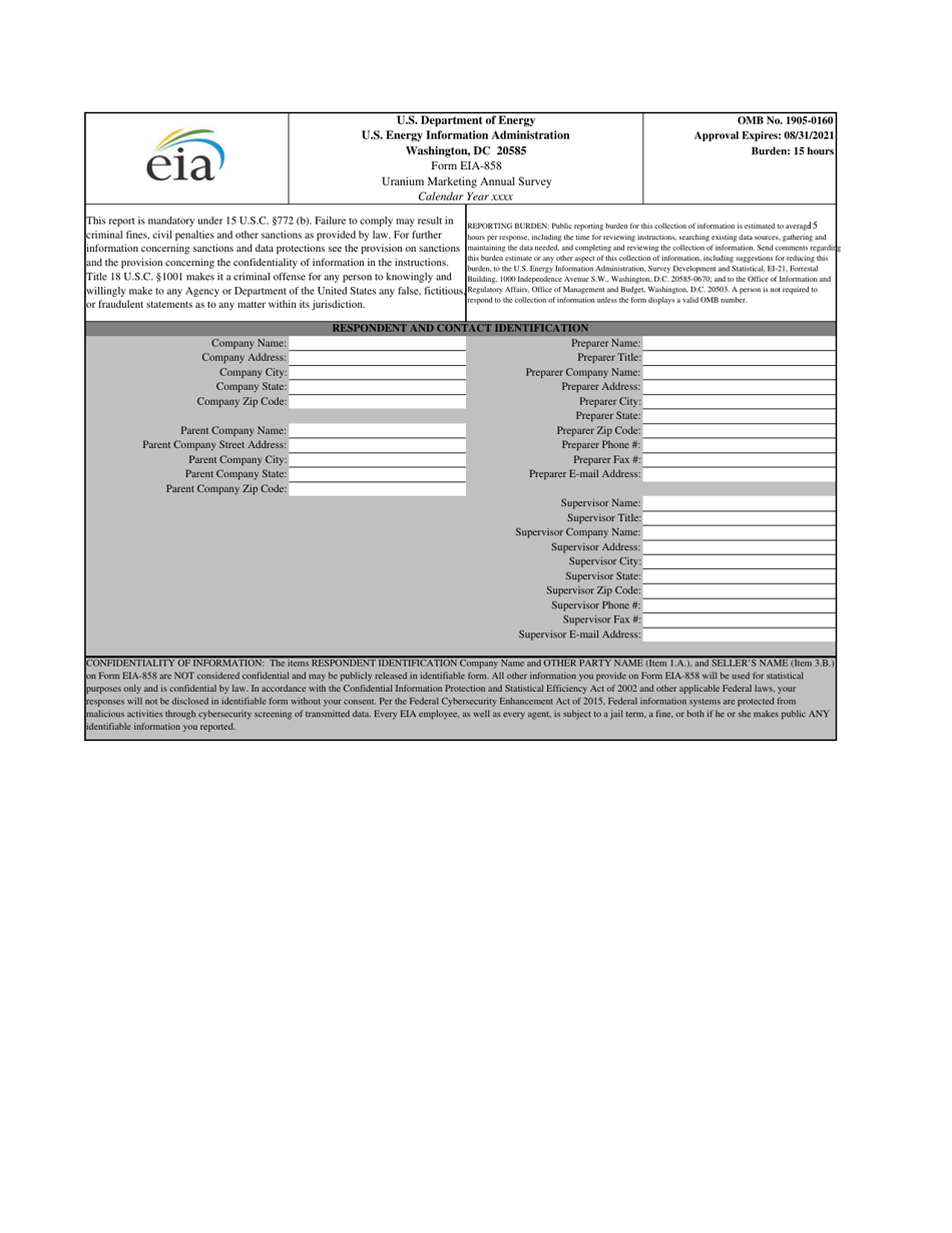 Form EIA-858 Uranium Marketing Annual Survey, Page 1