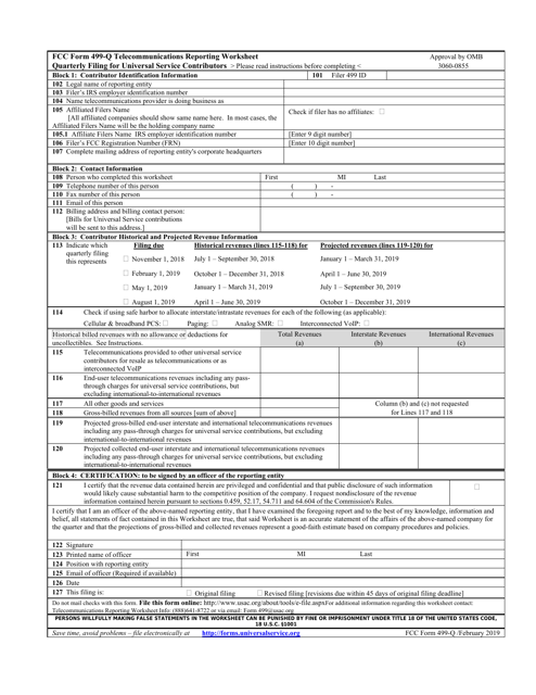 FCC Form 499-Q Telecommunications Reporting Worksheet - Quarterly Filing for Universal Service Contributors