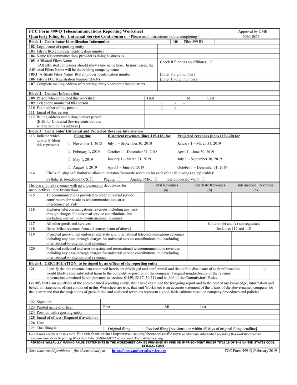FCC Form 499-Q Telecommunications Reporting Worksheet - Quarterly Filing for Universal Service Contributors, Page 1
