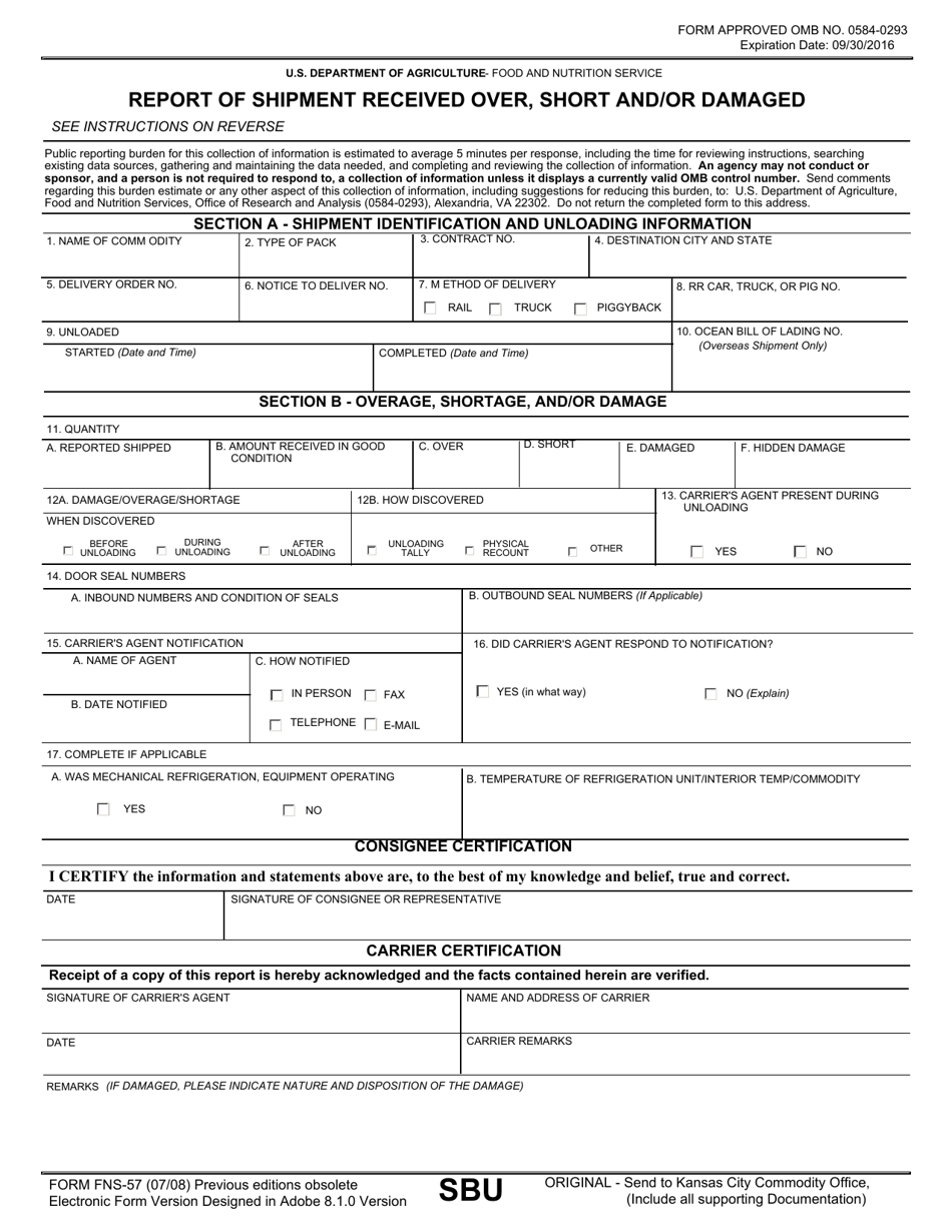 Form FNS-57 Report of Shipment Received Over, Short and / or Damaged, Page 1
